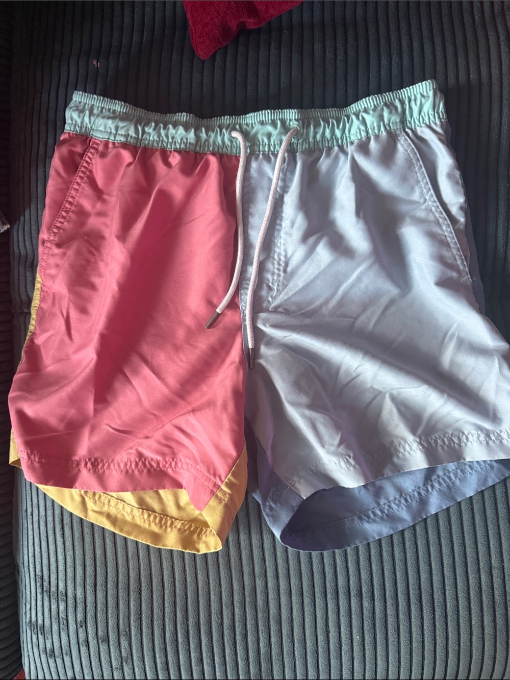American Eagle Outfitters Colorblock Swim Shorts in Coral, Light Blue & Yellow